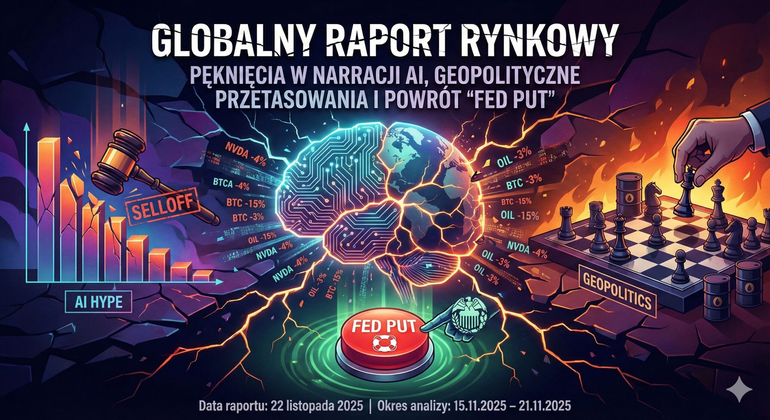 Złożona grafika ilustrująca główne tematy "Globalnego Raportu Rynkowego" z 22 listopada 2025 roku. W centrum znajduje się pękający, cybernetyczny mózg połączony z kulą ziemską. Po lewej stronie młotek sędziowski uderza w napis "SELLOFF" obok spadającego wykresu słupkowego z etykietą "AI HYPE". Po prawej ręka przesuwa figury na płonącej szachownicy z napisem "GEOPOLITICS" i beczkami ropy. U dołu ręka naciska duży czerwony przycisk ratunkowy z napisem "FED PUT". W tle widoczne są spadające notowania giełdowe, m.in. NVDA -4%, BTC -15%, OIL -3%. Grafika symbolizuje rynkową wyprzedaż technologii, napięcia geopolityczne i interwencję banku centralnego.