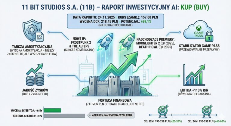 Infografika podsumowująca raport inwestycyjny AI dla spółki 11 bit studios S.A. (11B) z dnia 24.11.2025, z werdyktem "KUP (BUY)". Grafika wizualizuje "fortecę finansową" spółki (ponad 71 mln PLN gotówki, brak długu netto) jako bazę dla wzrostu, napędzanego przez nowe IP (Frostpunk 2, The Alters) i nadchodzące premiery wydawnicze (Moonlighter 2, Death Howl). Kluczowe dane: kurs zamknięcia 157,00 PLN, wycena DCF 218,45 PLN (potencjał +39,1%), wzrost EBITDA o 113% r/r. Wskazano również na korzyści z tarczy amortyzacyjnej, wysoką jakość zysków (OCF > zysk netto) oraz stabilizację przychodów dzięki Game Pass. Dolna część zawiera wykres atrakcyjnej wyceny względnej EV/EBITDA (~6.5x) oraz cele cenowe na 12 miesięcy (195-210 PLN) i 24 miesiące (230-250 PLN).