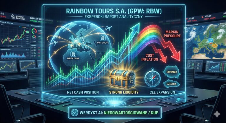 Futurystyczna infografika przedstawiająca "Ekspercki Raport Analityczny AI" dla Rainbow Tours S.A. (GPW: RBW). Na centralnym, holograficznym ekranie widać mapę świata z zaznaczonymi hotelami "White Olive" oraz ekspansją CEE (Rumunia, Czechy). Tęczowy wykres giełdowy rośnie, ale jest obciążony czerwonymi strzałkami oznaczającymi "Margin Pressure" i "Cost Inflation". Poniżej znajduje się skrzynia skarbów podpisana "Strong Liquidity" i "Net Cash Position". Na dole widoczny jest ostateczny werdykt: "WERDYKT AI: NIEDOWARTOŚCIOWANE / KUP". Tło stanowią monitory z danymi Giełdy Papierów Wartościowych w Warszawie.