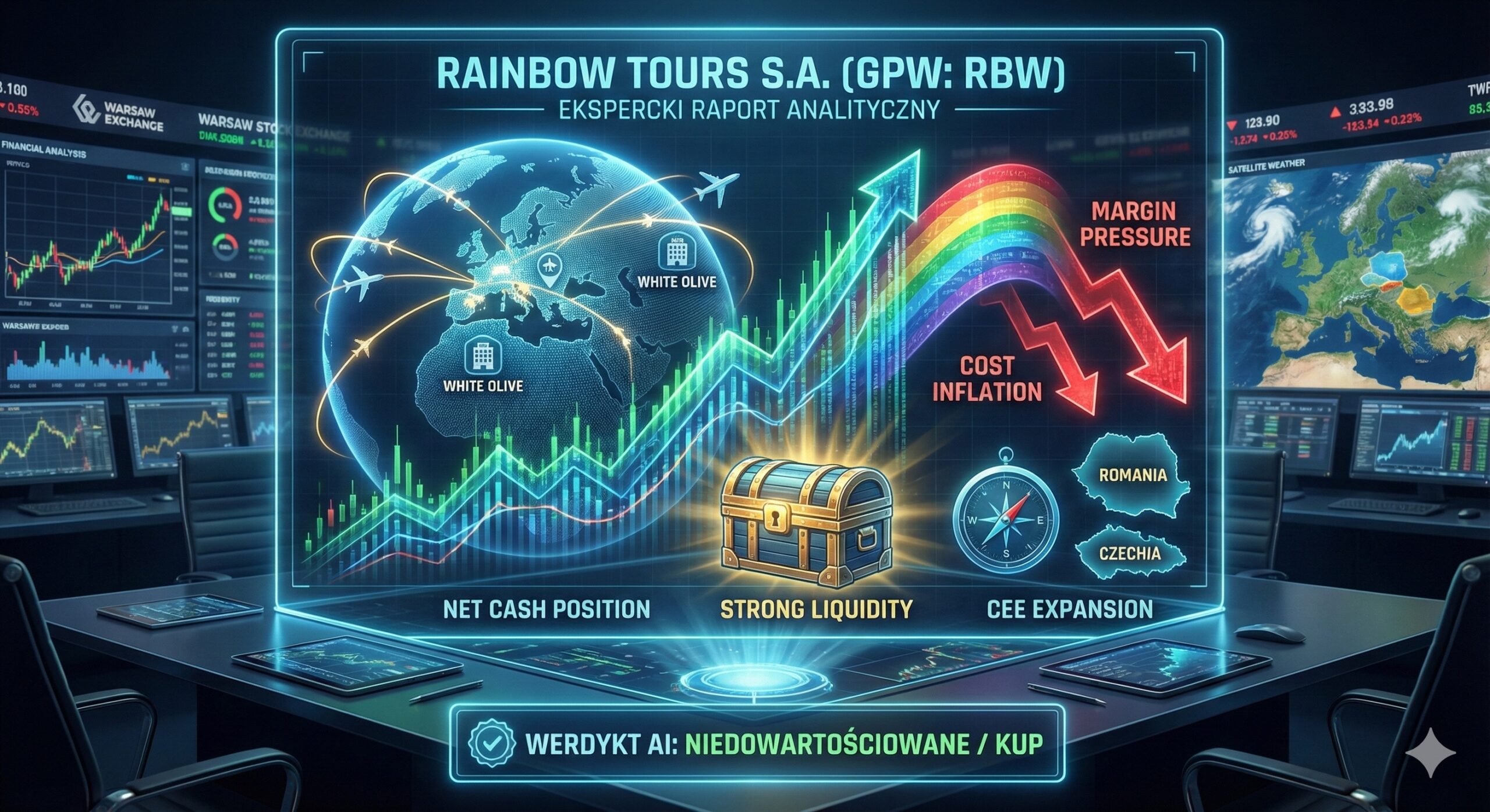 Futurystyczna infografika przedstawiająca "Ekspercki Raport Analityczny AI" dla Rainbow Tours S.A. (GPW: RBW). Na centralnym, holograficznym ekranie widać mapę świata z zaznaczonymi hotelami "White Olive" oraz ekspansją CEE (Rumunia, Czechy). Tęczowy wykres giełdowy rośnie, ale jest obciążony czerwonymi strzałkami oznaczającymi "Margin Pressure" i "Cost Inflation". Poniżej znajduje się skrzynia skarbów podpisana "Strong Liquidity" i "Net Cash Position". Na dole widoczny jest ostateczny werdykt: "WERDYKT AI: NIEDOWARTOŚCIOWANE / KUP". Tło stanowią monitory z danymi Giełdy Papierów Wartościowych w Warszawie.