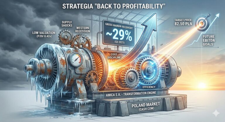 Infografika przedstawiająca strategię "Back to Profitability" firmy Amica S.A. w formie metaforycznego, przemysłowego silnika transformacji. Lewa strona grafiki jest skuta lodem i zardzewiała, pod burzowymi chmurami, symbolizując wyzwania: niską wycenę ("Low Valuation P/BV 0.42x"), szoki podażowe ("Supply Shocks") i recesję na Zachodzie ("Western Recession"). Centralna część, osadzona na solidnym fundamencie polskiego rynku ("Poland Market - Cash Cow"), ukazuje rozgrzewający się silnik napędzany trybami dyscypliny kosztowej ("Cost Discipline") i efektywności ("Efficiency"). Z silnika wystrzeliwuje w górę duża, jasna strzałka przebijająca szklany sufit na tle wschodu słońca, wskazując na odbudowę marży brutto ("Gross Margin Recovery: ~29% Q3 2025"). Strzałka prowadzi do celu cenowego ("Target Price: 82.50 PLN") oraz przyszłych celów EBITDA ("Future EBITDA Goals").