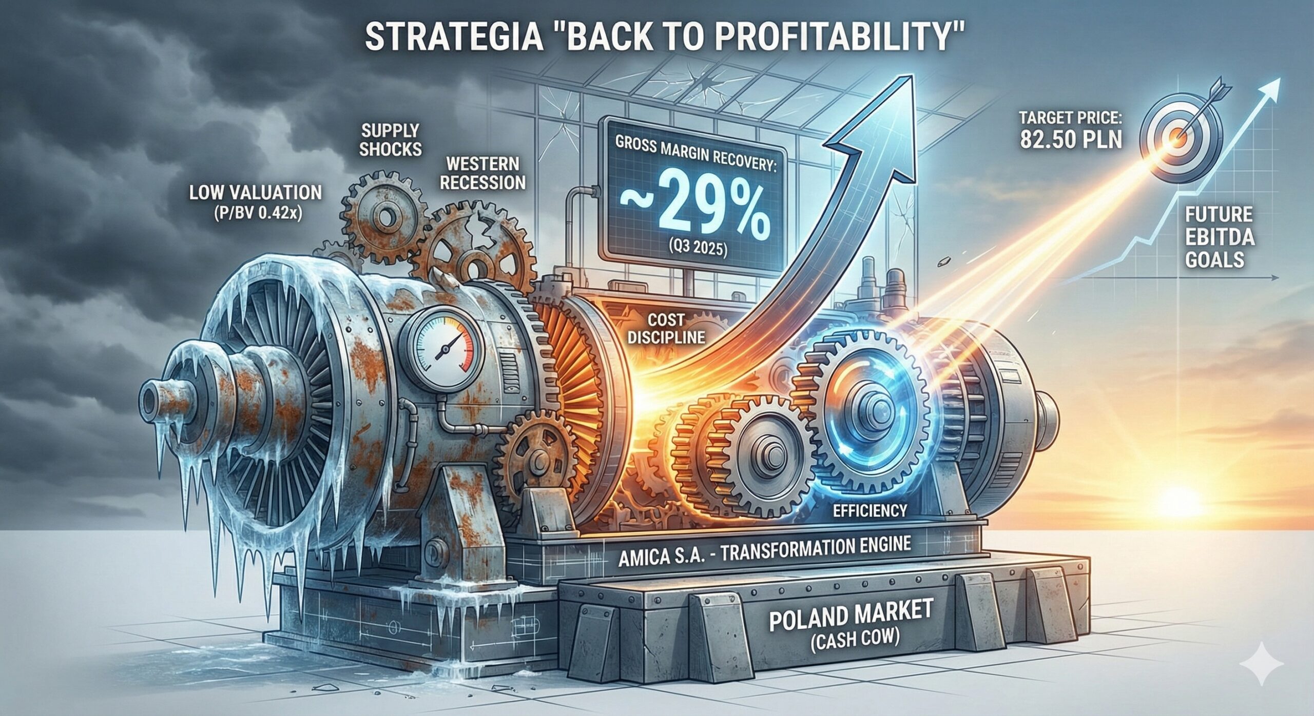 Infografika przedstawiająca strategię "Back to Profitability" firmy Amica S.A. w formie metaforycznego, przemysłowego silnika transformacji. Lewa strona grafiki jest skuta lodem i zardzewiała, pod burzowymi chmurami, symbolizując wyzwania: niską wycenę ("Low Valuation P/BV 0.42x"), szoki podażowe ("Supply Shocks") i recesję na Zachodzie ("Western Recession"). Centralna część, osadzona na solidnym fundamencie polskiego rynku ("Poland Market - Cash Cow"), ukazuje rozgrzewający się silnik napędzany trybami dyscypliny kosztowej ("Cost Discipline") i efektywności ("Efficiency"). Z silnika wystrzeliwuje w górę duża, jasna strzałka przebijająca szklany sufit na tle wschodu słońca, wskazując na odbudowę marży brutto ("Gross Margin Recovery: ~29% Q3 2025"). Strzałka prowadzi do celu cenowego ("Target Price: 82.50 PLN") oraz przyszłych celów EBITDA ("Future EBITDA Goals").