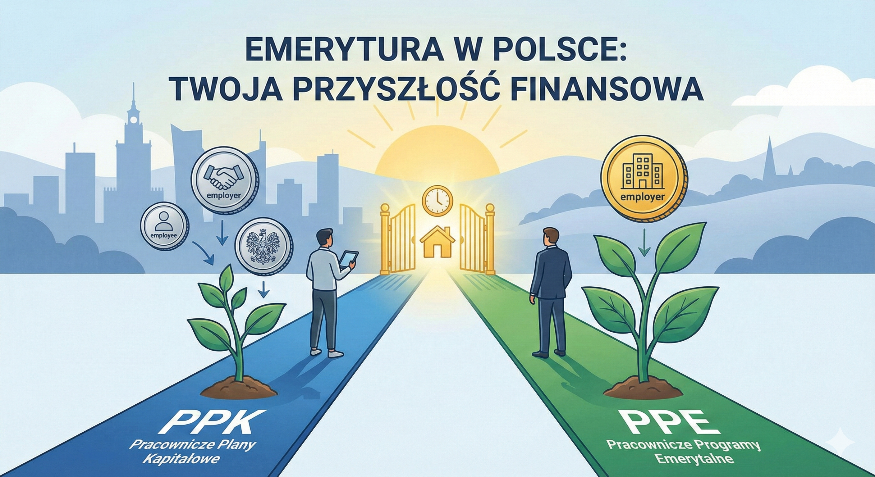 Ilustracja infograficzna porównująca dwa programy emerytalne: Pracownicze Plany Kapitałowe (PPK) po lewej i Pracownicze Programy Emerytalne (PPE) po prawej. Niebieska ścieżka PPK pokazuje, że na rosnącą roślinę (oszczędności) składają się wpłaty od pracownika, pracodawcy i państwa (moneta z polskim godłem). Zielona ścieżka PPE pokazuje, że roślina jest zasilana głównie przez wpłatę od pracodawcy (moneta z budynkiem firmy). Obie ścieżki prowadzą do otwartej, złotej bramy z zegarem i symbolem domu na horyzoncie, co symbolizuje bezpieczną przyszłość finansową. Tło stanowi stylizowana panorama polskiego miasta. Główny napis u góry głosi: "EMERYTURA W POLSCE: TWOJA PRZYSZŁOŚĆ FINANSOWA".