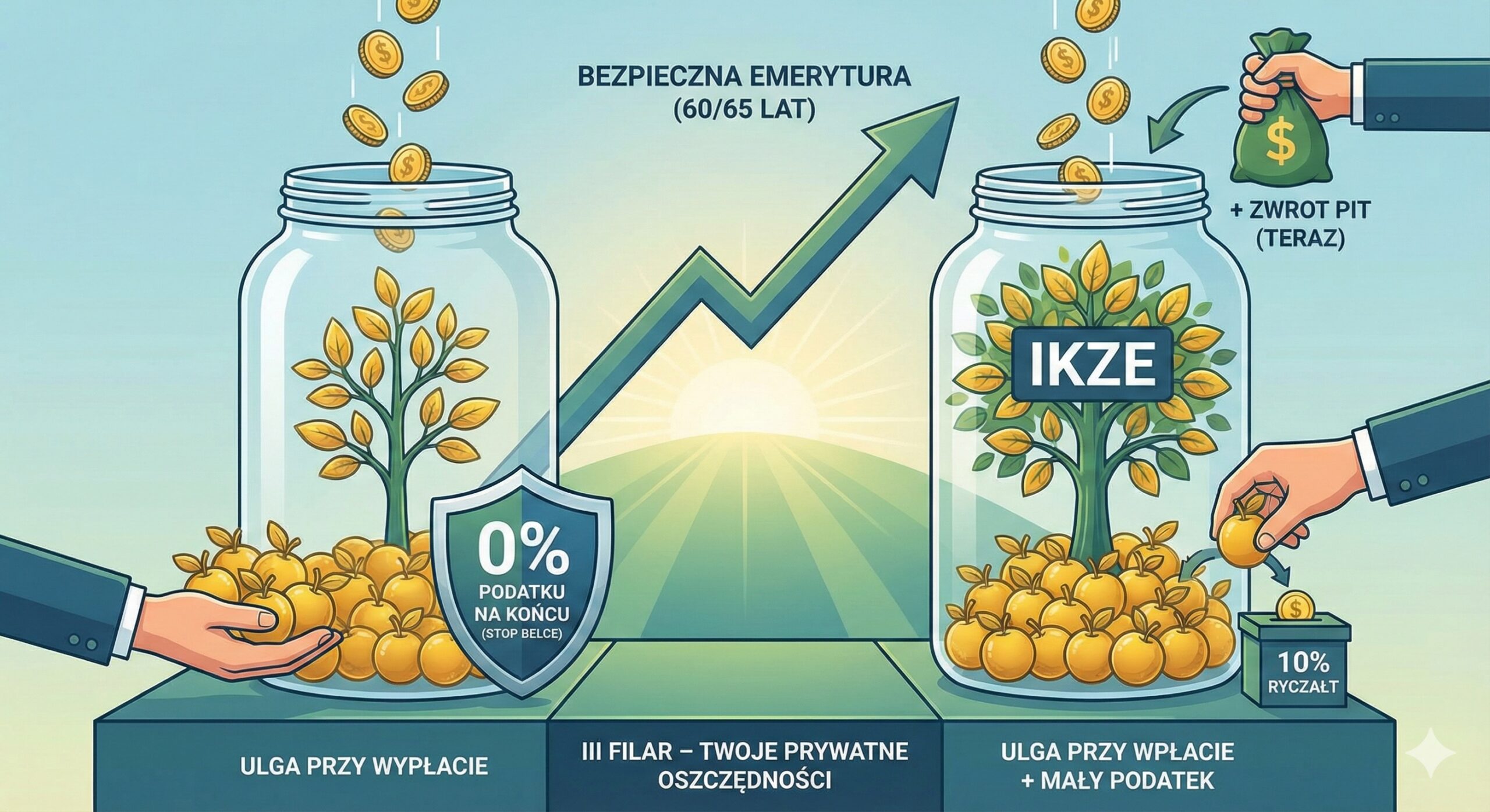 Infografika porównująca mechanizmy działania kont IKE i IKZE w ramach III filaru. Po lewej stronie słoik IKE z rosnącym drzewem pieniędzy i tarczą "0% podatku na końcu (Stop Belce)", ilustrujący ulgę przy wypłacie. Po prawej stronie słoik IKZE, do którego dodawany jest worek "Zwrot PIT (Teraz)", a przy wypłacie część środków trafia do pudełka "10% ryczałt", ilustrując ulgę przy wpłacie i niski podatek na końcu. Obie opcje prowadzą do celu "Bezpieczna emerytura (60/65 lat)".
