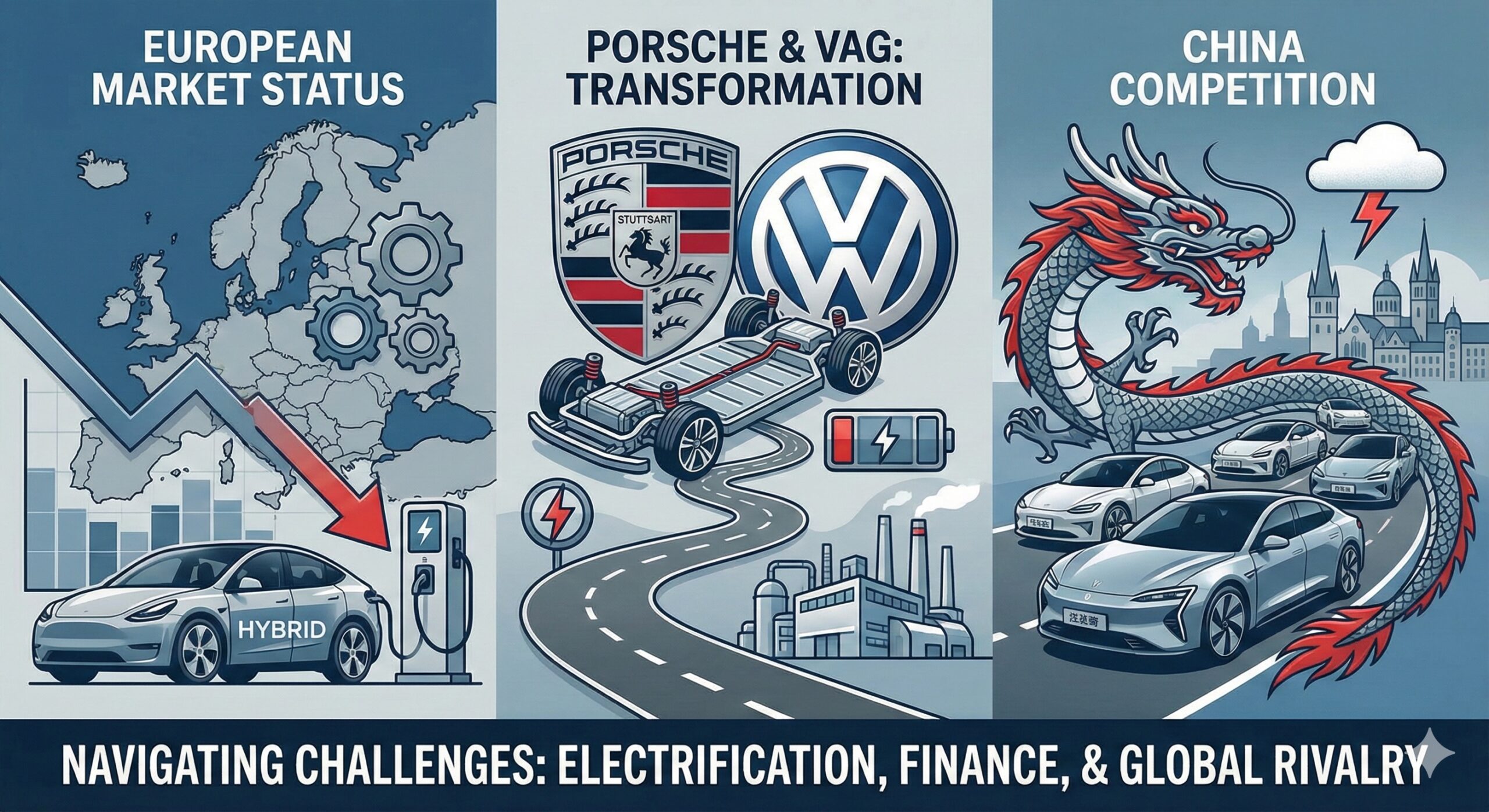 Trzyczęściowa ilustracja infograficzna podsumowująca wyzwania europejskiej motoryzacji. Lewy panel, "EUROPEAN MARKET STATUS", pokazuje mapę Europy, spadający wykres i ładowany samochód hybrydowy. Środkowy panel, "PORSCHE & VAG: TRANSFORMATION", zawiera logo Porsche i VW nad podwoziem auta elektrycznego jadącym ku fabryce. Prawy panel, "CHINA COMPETITION", przedstawia czerwonego chińskiego smoka i flotę nowych aut elektrycznych wjeżdżających do europejskiego miasta pod burzową chmurą. Dolny baner zawiera napis: "NAVIGATING CHALLENGES: ELECTRIFICATION, FINANCE, & GLOBAL RIVALRY".
