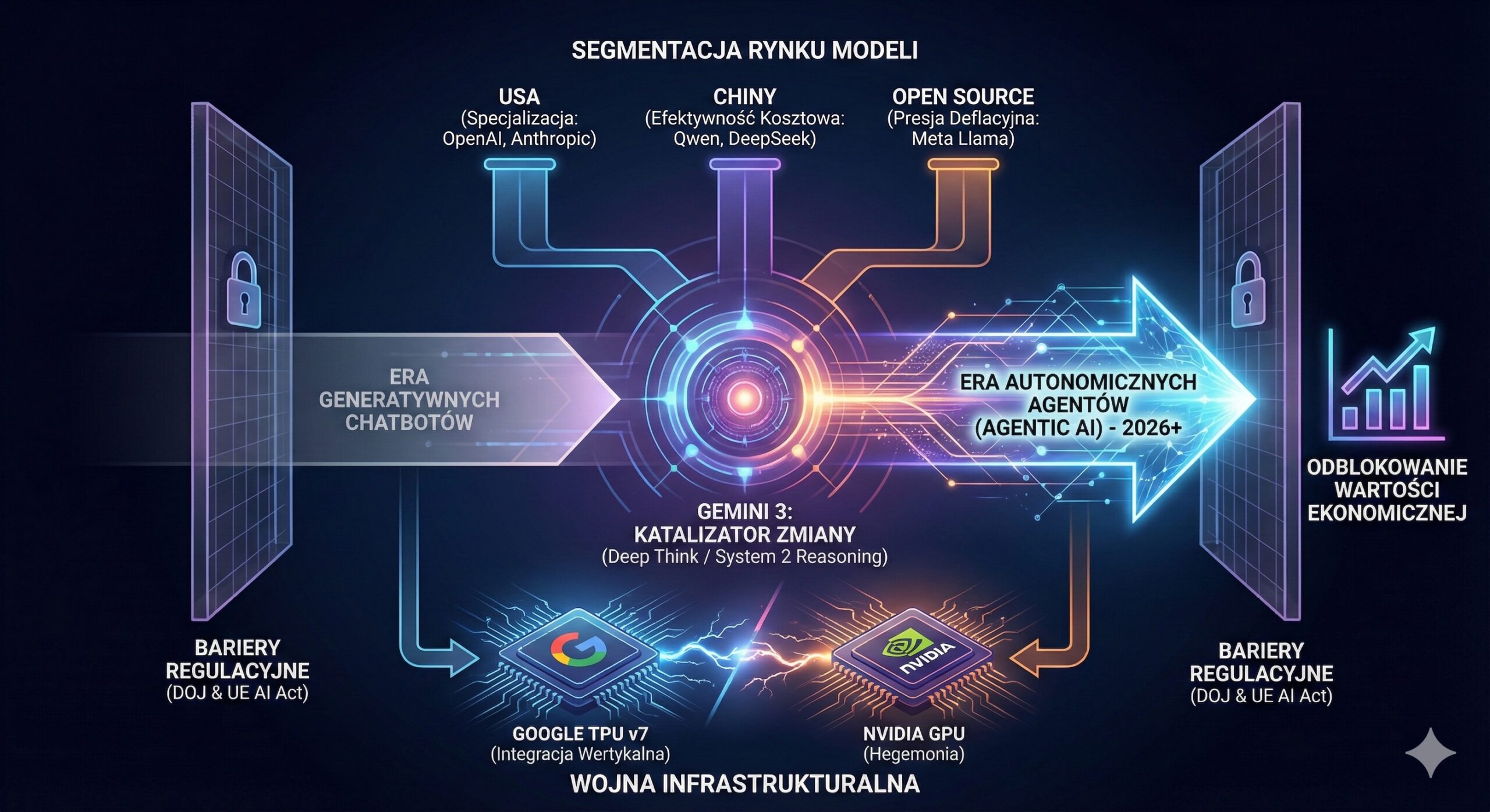 Infografika wizualizująca transformację rynku sztucznej inteligencji w latach 2025-2026. Centralna oś ukazuje przejście od 'Ery Generatywnych Chatbotów' do 'Ery Autonomicznych Agentów (Agentic AI)' z modelem 'Gemini 3: Katalizator Zmiany' jako punktem zwrotnym. Grafika przedstawia również 'Segmentację Rynku Modeli' (USA, Chiny, Open Source), 'Wojnę Infrastrukturalną' (Google TPU vs NVIDIA GPU), 'Bariery Regulacyjne' (DOJ & UE AI Act) oraz końcowe 'Odblokowanie Wartości Ekonomicznej'.