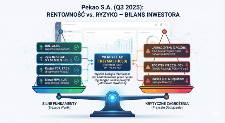 Infografika w formie wagi analitycznej, zatytułowana "Pekao S.A. (Q3 2025): RENTOWNOŚĆ vs. RYZYKO – BILANS INWESTORA". Po lewej stronie, na zielonej szali "SILNE FUNDAMENTY (Bieżące Wyniki)", znajdują się cztery kafelki z ikonami wzrostu i zielonymi ptaszkami: "ROE: 21.5% (Wysoka Rentowność)", "Zysk Netto 9M: 5.2 MLD PLN (+9% r/r)", "Kapitał TCR: 17.0% (Bezpieczna Pozycja)", "Marża NIM: 4.2% (Odporna na Obniżki)". Po prawej stronie, na czerwono-pomarańczowej szali "KRYTYCZNE ZAGROŻENIA (Przyszłe Obciążenia)", są trzy kafelki z ikonami ostrzeżenia i czerwonymi strzałkami w dół: "JAKOŚĆ ZYSKU (CFO/ZN): 11.4% (Alarmująco Niska Konwersja Gotówki!)", "PODATEK CIT 2026: 30% (Trwała Redukcja ROE o ~5 p.p.)", "Ryzyko CHF & Regulacje: Rosnące Rezerwy". W centrum wagi widnieje niebieski prostokąt z napisem "WERDYKT AI: TRZYMAJ (HOLD) | Horyzont 12M | TP: 195.65 PLN", z podpisem "Wysoka bieżąca rentowność jest neutralizowana przez ryzyko regulacyjne i niskie pokrycie gotówkowe dywidendy.". Tło stanowi nowoczesny interfejs analityczny z wykresami i danymi.