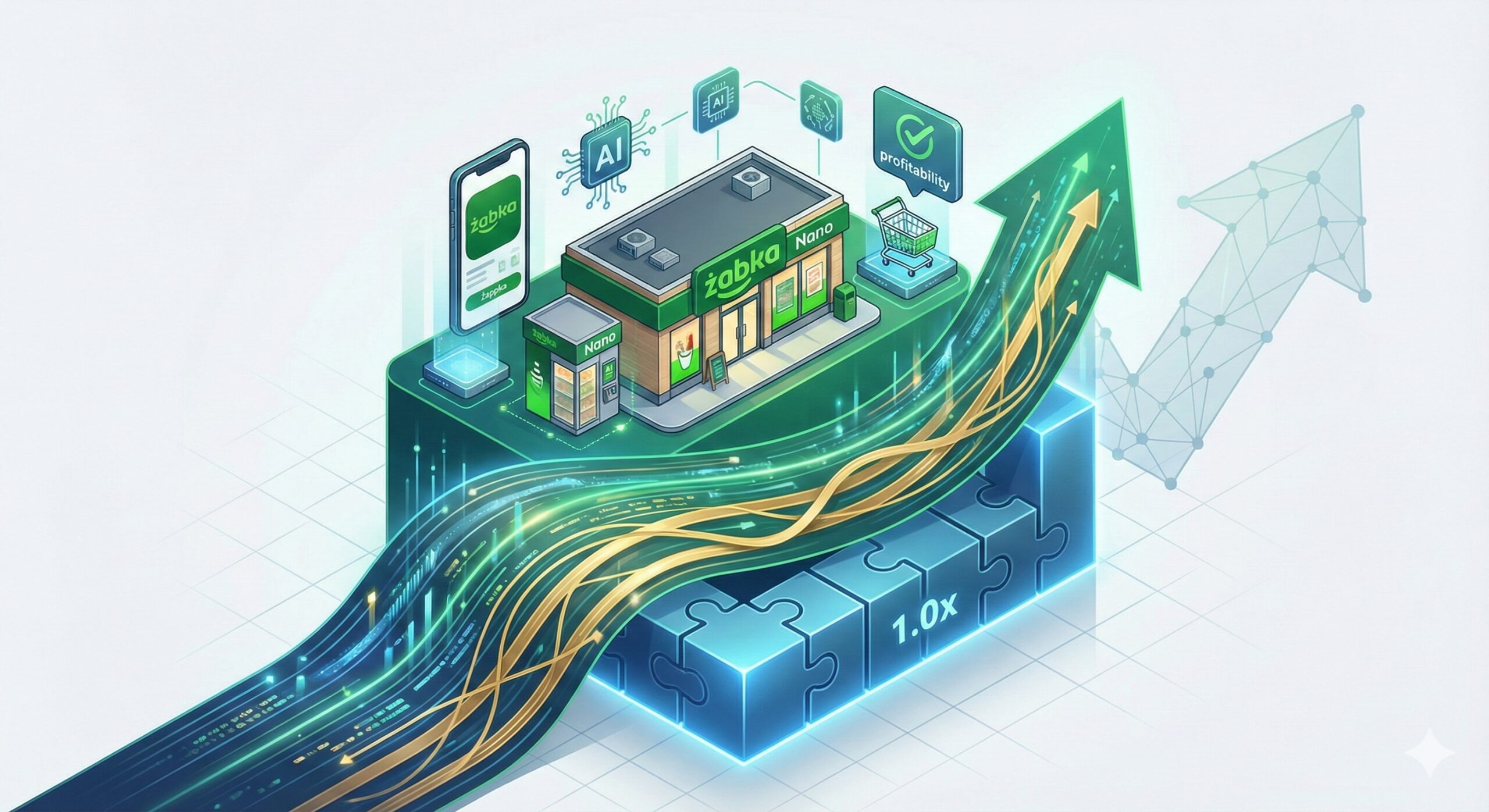 Izometryczna grafika ilustrująca dynamiczny rozwój Grupy Żabka. Centralnym elementem jest sklep Żabka i autonomiczny punkt Żabka Nano, umieszczone na wznoszącej się, zielono-złotej strzałce wzrostu zbudowanej ze strumieni danych. Strzałka ta wyrasta z solidnej podstawy ułożonej z niebieskich puzzli z wyraźnym napisem "1.0x", symbolizującym historycznie niski wskaźnik zadłużenia. Wokół unoszą się ikony reprezentujące przewagi konkurencyjne: smartfon z aplikacją Żappka, chip sztucznej inteligencji (AI) oraz koszyk zakupowy z zielonym znacznikiem "profitability" (rentowność), wskazującym na rosnące zyski. Całość obrazuje syntezę technologii, ekspansji sieci i stabilności finansowej opisanej w raporcie.