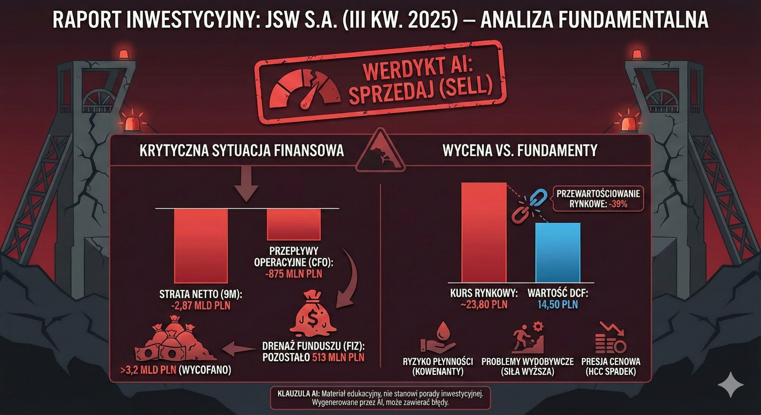 Infografika podsumowująca krytyczną sytuację finansową JSW S.A. po III kwartale 2025 roku według analizy fundamentalnej AI. Główny werdykt to 'SPRZEDAJ (SELL)'. Lewa sekcja pokazuje stratę netto -2,87 mld PLN, ujemne przepływy operacyjne -875 mln PLN oraz drenaż funduszu FIZ z ponad 3,2 mld PLN do zaledwie 513 mln PLN. Prawa sekcja porównuje kurs rynkowy (~23,80 PLN) z wyceną DCF (14,50 PLN), wskazując na 39% przewartościowania. Wymieniono ryzyka płynności, wydobywcze i presję cenową. Tło grafiki to mroczna kopalnia z czerwonymi światłami ostrzegawczymi.