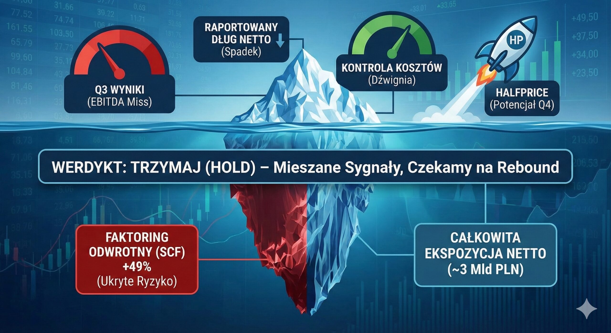 Infografika finansowa z analizą wyników Grupy CCC za Q3 2025. Główny werdykt to "TRZYMAJ (HOLD) – Mieszane Sygnały". Metafora góry lodowej ukazuje widoczne elementy nad wodą: słabsze wyniki EBITDA, ale dobrą kontrolę kosztów i potencjał HalfPrice. Pod wodą ukryte jest główne ryzyko: gwałtowny wzrost faktoringu odwrotnego (SCF o 49%), co winduje całkowitą ekspozycję netto do około 3 Mld PLN.