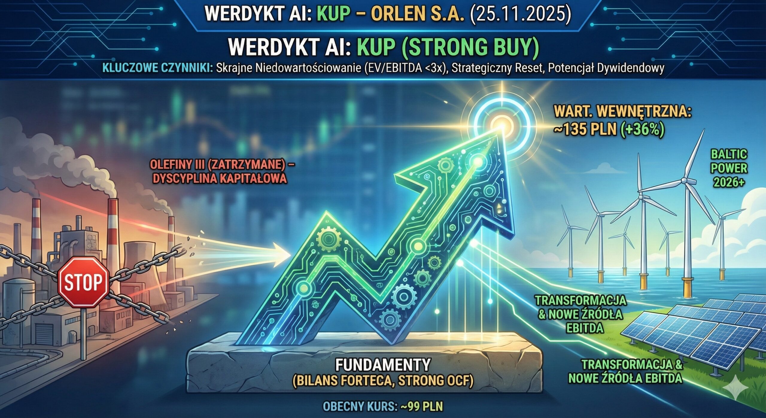 Infografika podsumowująca raport inwestycyjny z nagłówkiem "WERDYKT AI: KUP – ORLEN S.A. (25.11.2025)". Centralnym elementem jest duża, świecąca zielona strzałka wzrostowa o fakturze układu scalonego, wznosząca się z kamiennej podstawy opisanej "FUNDAMENTY (BILANS FORTECA, STRONG OCF)". Z lewej strony strzałka odcina się od zadymionej fabryki ze znakiem STOP i zerwanymi łańcuchami, z napisem "OLEFINY III (ZATRZYMANE) – DYSCYPLINA KAPITAŁOWA". Z prawej strony strzałka wskazuje na czyste technologie: morskie turbiny wiatrowe ("BALTIC POWER 2026+") i panele słoneczne, z opisem "TRANSFORMACJA & NOWE ŹRÓDŁA EBITDA". Grafika porównuje "OBECNY KURS: ~99 PLN" (na dole) z "WART. WEWNĘTRZNĄ: ~135 PLN (+36%)" (na szczycie strzałki). Główne czynniki rekomendacji wymienione na górze to: skrajne niedowartościowanie (EV/EBITDA